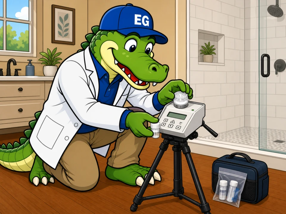 EnviroGator mascot setting up air sampling equipment for allergen testing